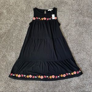 NWT black tiered sleeveless dress with floral embroidery by loft size S